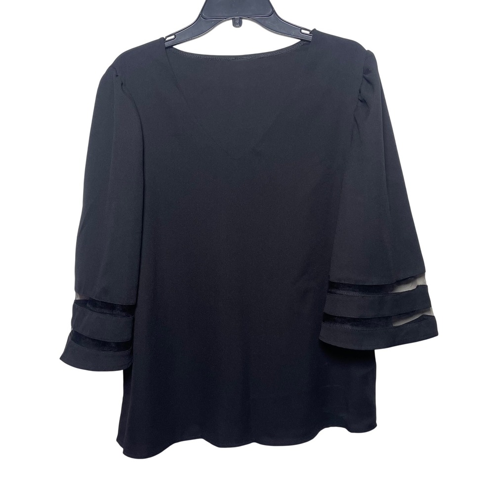 Black‎ V-Neck Bell Sleeve Blouse with Sheer Mesh Stripes Size L
